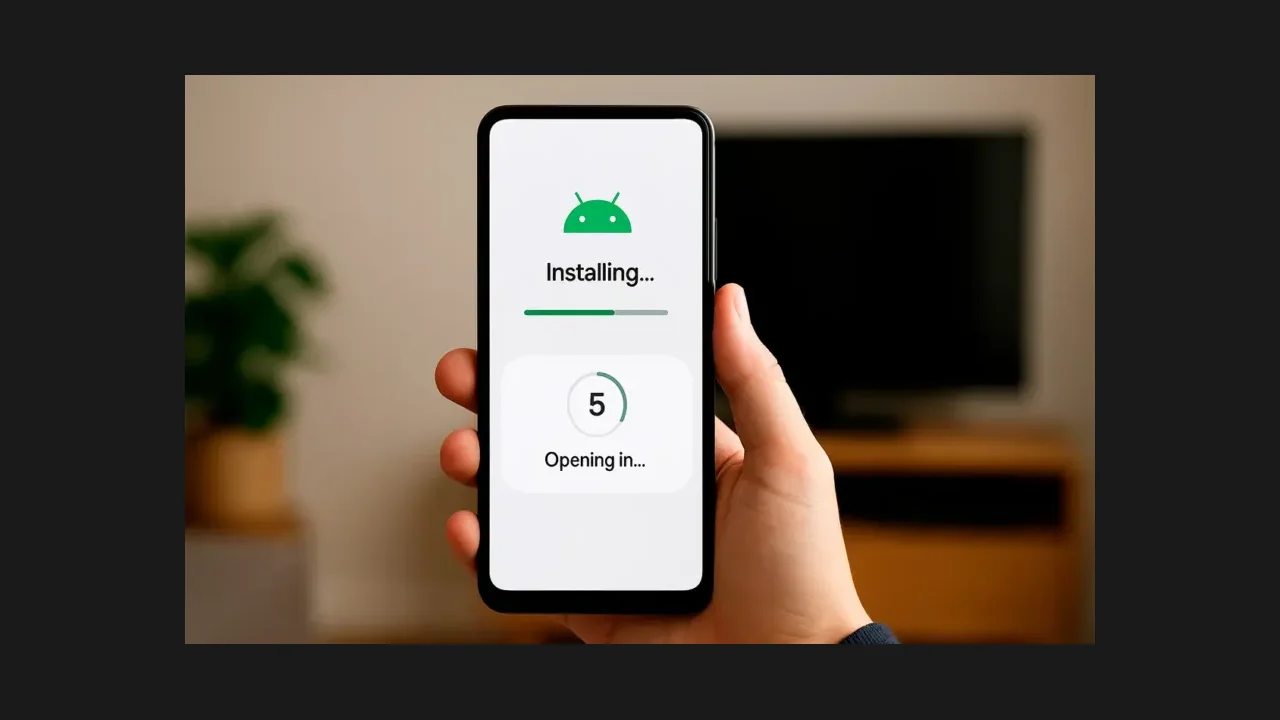 A hand holding an Android phone showing an app installing progress screen