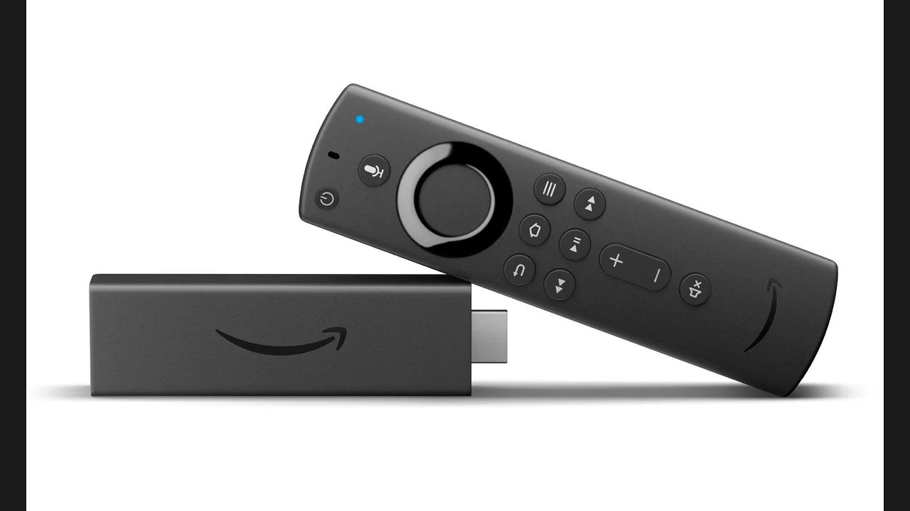 A Fire TV Stick streaming device with its Alexa voice remote on a white background