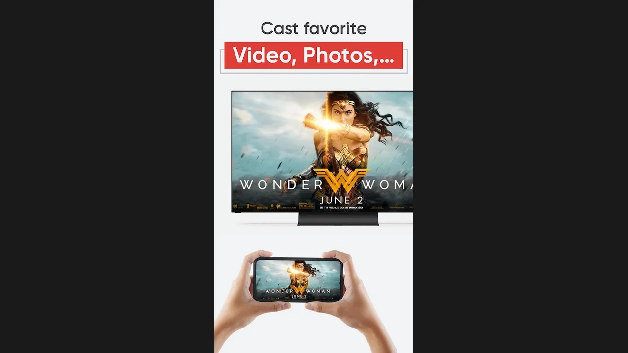 A phone in hands showing the same movie poster as the television above it