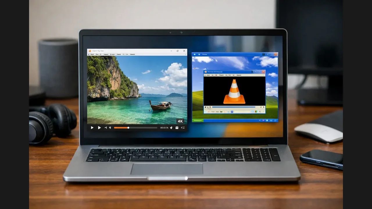 A laptop playing a video with the VLC cone logo on its screen