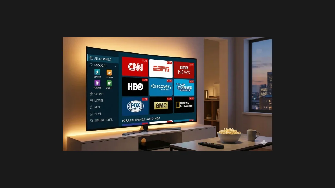 A television showing a live TV channel grid with news sports and movie channel logos