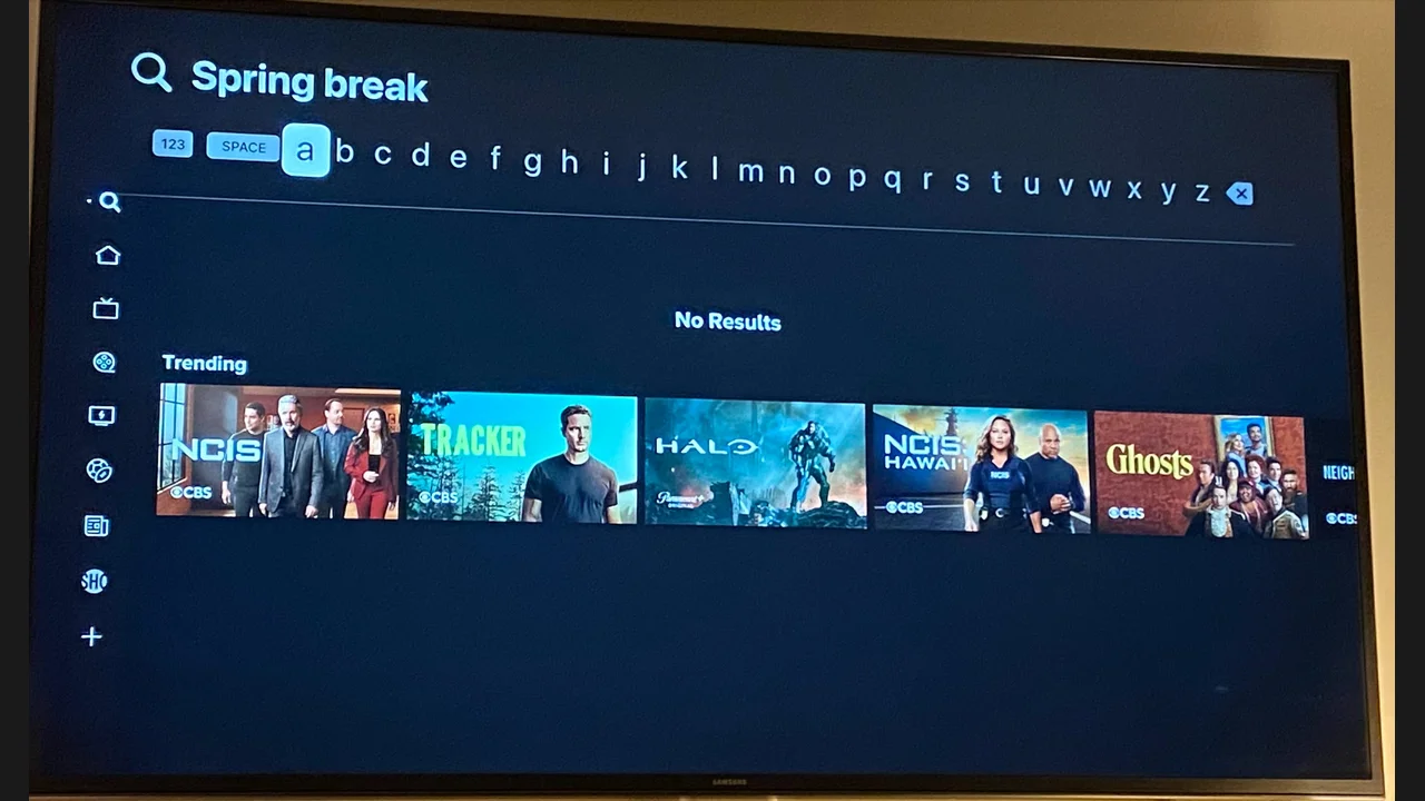 A television search screen showing No Results for a typed title