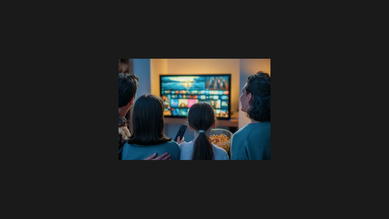 A family watching television together from behind with a bowl of popcorn