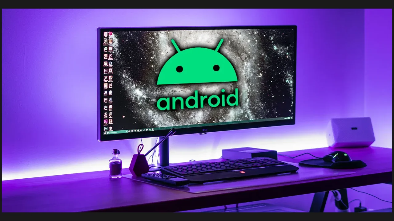 A desktop computer setup with a monitor showing the Android logo