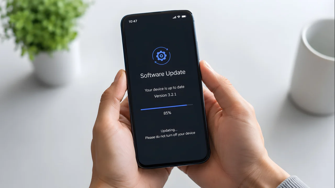 Hands holding a phone showing a software update progress screen at 85 percent