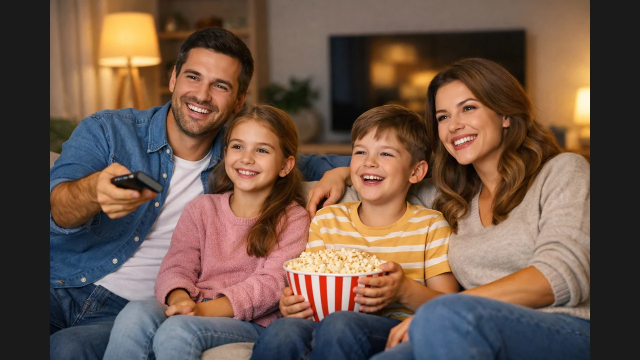 A smiling family on a sofa with popcorn watching television together