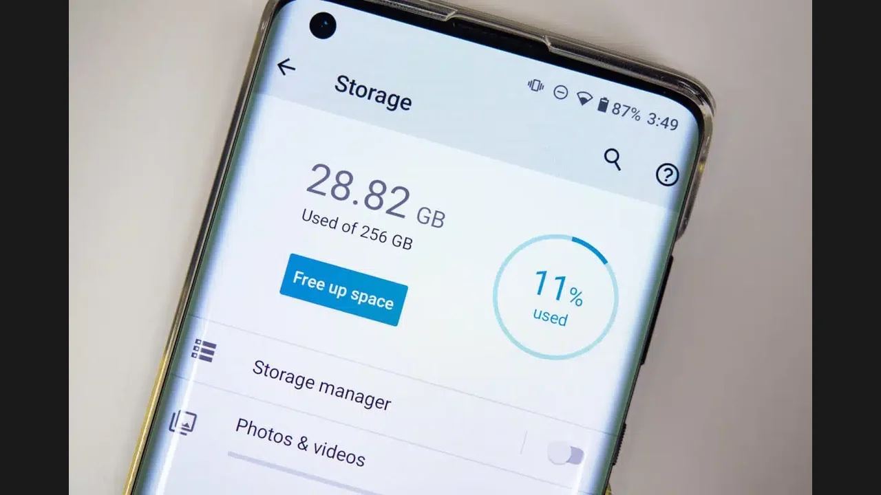 A phone showing its storage screen with used space and a free up space button