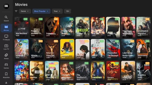 Cinema HQ home screen with movie and TV show rows